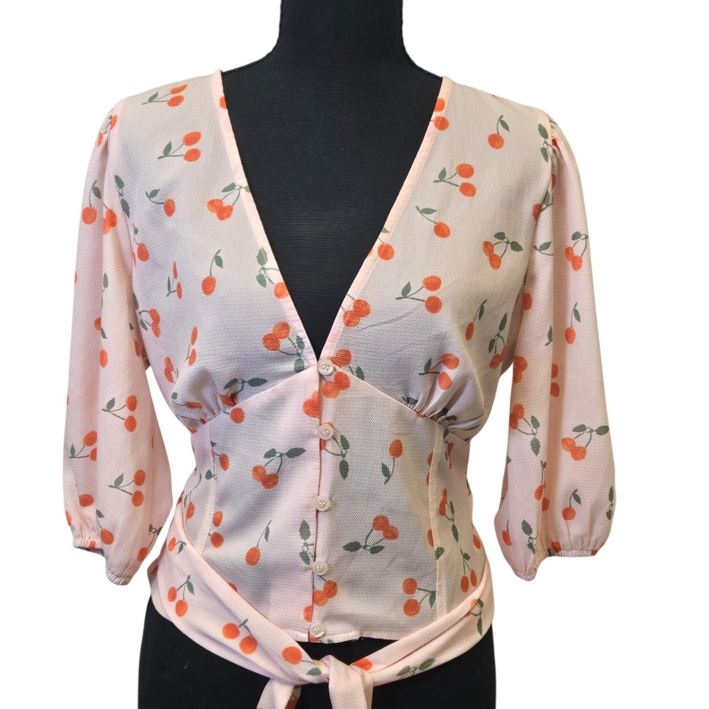 ASOS Design Cherry Print Cottagecore Coquette Peplum Puff Sleeve Blouse US 8